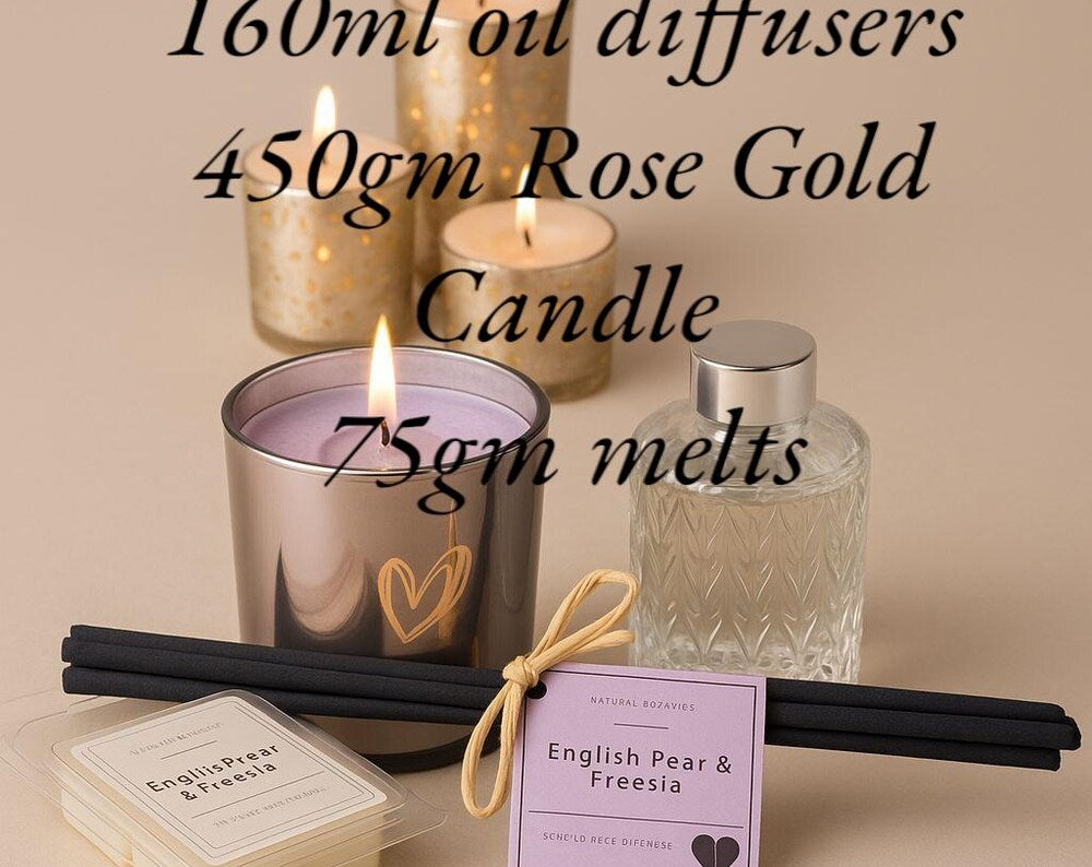 Gift set 300-gram Soy candle, 75g clamshell melts and 150ml oil reed diffuser 3 x black reeds